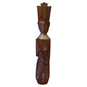VTG African Wood Carved Woman Totem Tribal Folk Art Kneeling Elongated Ear 6”